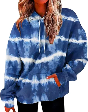 Womens Tie Dye Hoodies Oversized Fall Long Sleeve Hooded Sweatshirt Drawstring Pullover Tops with Pockets