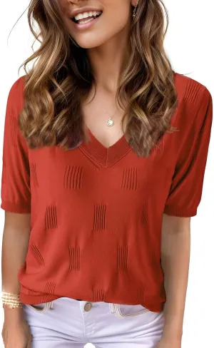 Womens Tops 2025 Spring Summer Short Sleeve V Neck Sweaters Trendy Dressy Casual Blouse Lightweight Knit Shirts