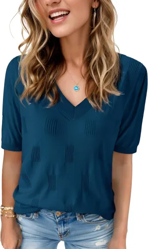 Womens Tops 2025 Spring Summer Short Sleeve V Neck Sweaters Trendy Dressy Casual Blouse Lightweight Knit Shirts