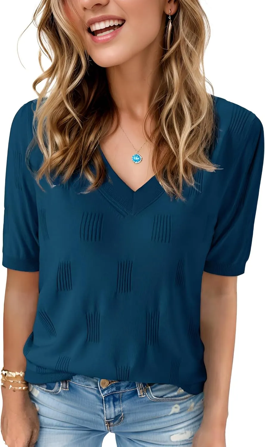 Womens Tops 2025 Spring Summer Short Sleeve V Neck Sweaters Trendy Dressy Casual Blouse Lightweight Knit Shirts