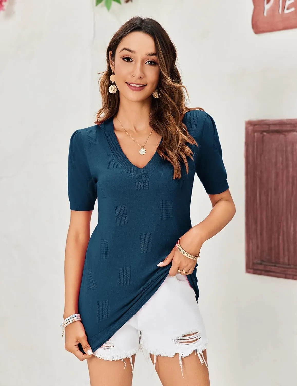 Womens Tops 2025 Spring Summer Short Sleeve V Neck Sweaters Trendy Dressy Casual Blouse Lightweight Knit Shirts
