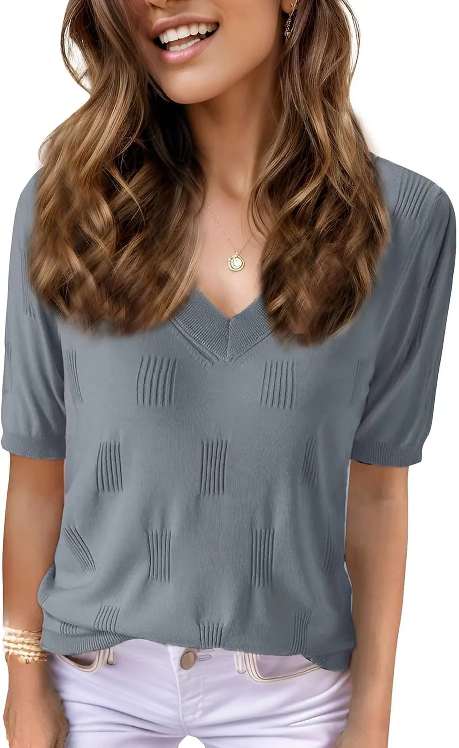 Womens Tops 2025 Spring Summer Short Sleeve V Neck Sweaters Trendy Dressy Casual Blouse Lightweight Knit Shirts