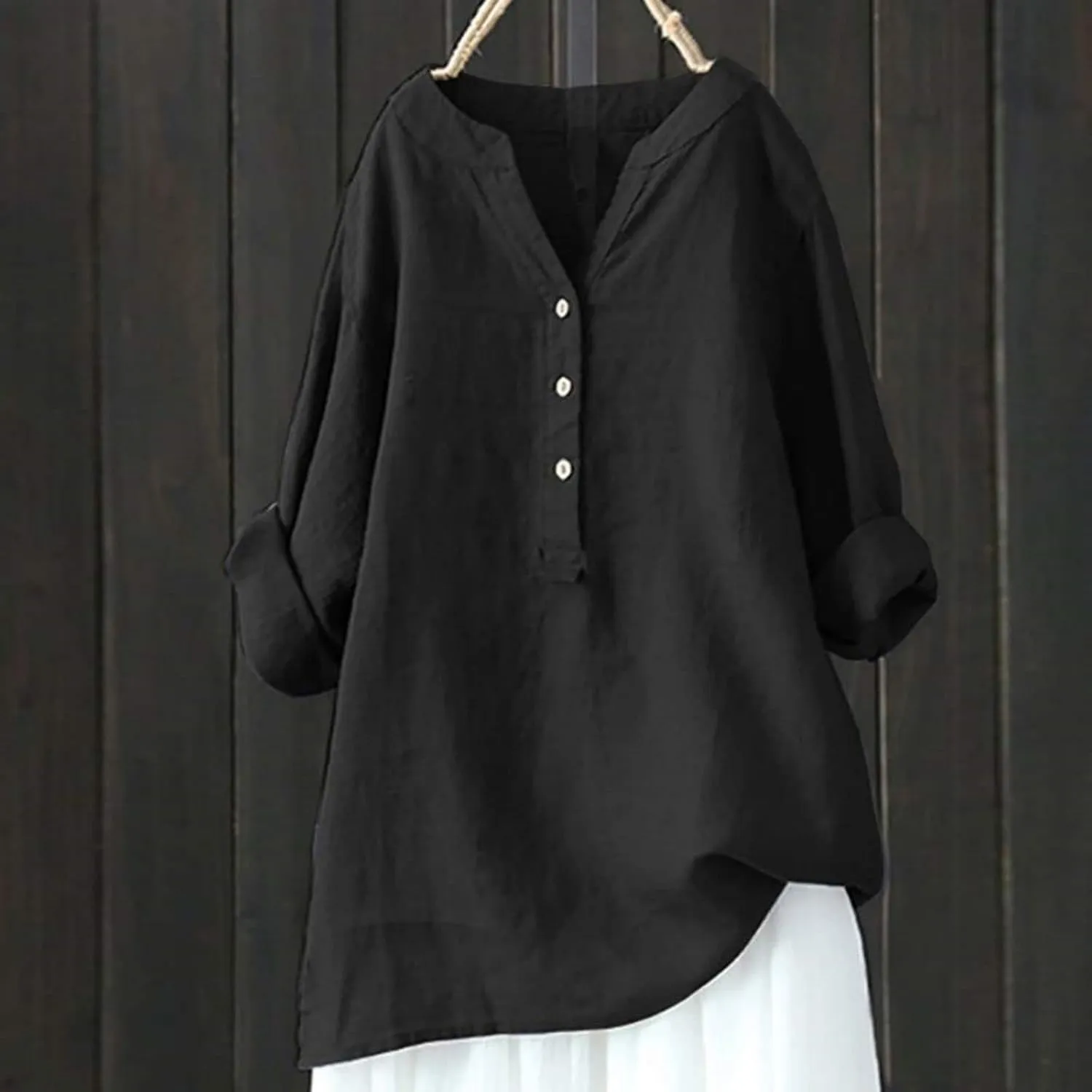 Women's Tunic Blouse Tops Fashion Plus Size Solid Cotton Linen Loose Casual Long Sleeve V Neck Button Up Tees Shirts