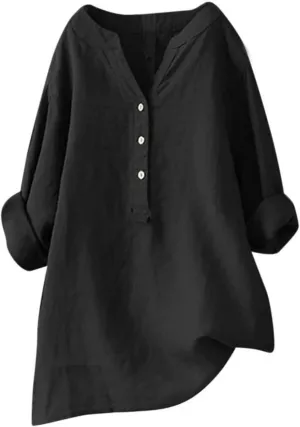 Women's Tunic Blouse Tops Fashion Plus Size Solid Cotton Linen Loose Casual Long Sleeve V Neck Button Up Tees Shirts