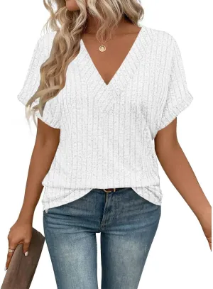 Womens V Neck Sweaters Casual Tops Summer Short Sleeve Fashion Loose Business T Shirts Blouses Clothes 2025