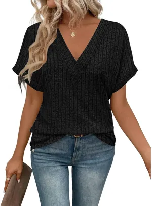 Womens V Neck Sweaters Casual Tops Summer Short Sleeve Fashion Loose Business T Shirts Blouses Clothes 2025