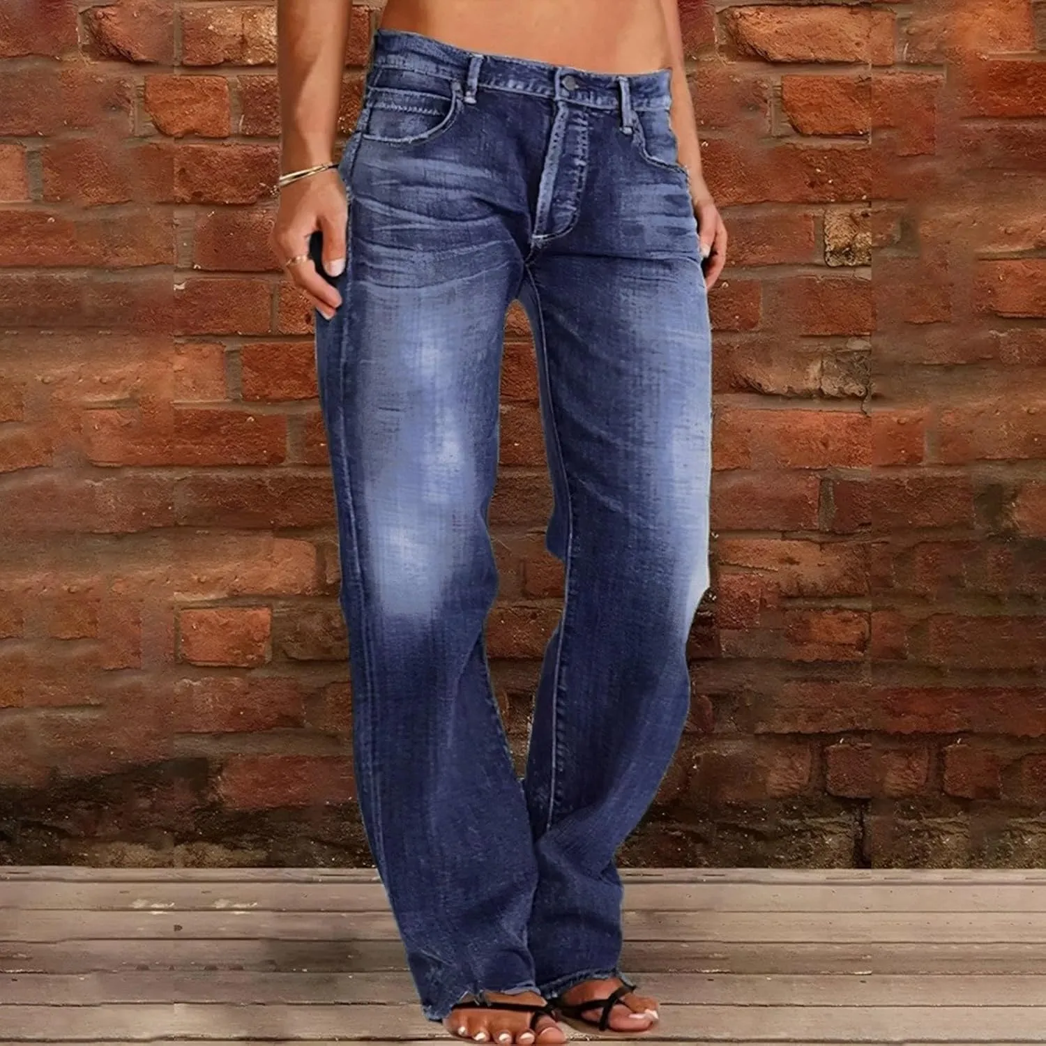 Women's Work Jeans - Trendy Stretchy Retro Wash Old High Waisted Pull On Jeggings Loose Straight Leg Cute Jeans