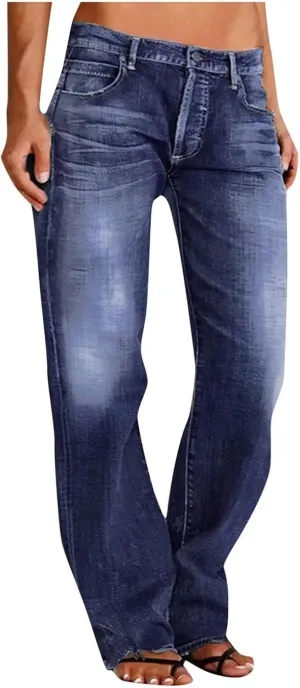 Women's Work Jeans - Trendy Stretchy Retro Wash Old High Waisted Pull On Jeggings Loose Straight Leg Cute Jeans