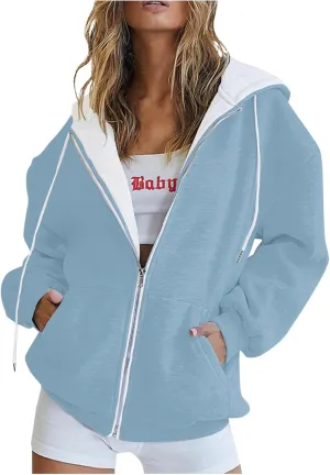Womens Zip Up Hoodies Long Sleeve Drawstring Sweatshirt Oversized Zipper Hoodies Fleece Jacket with Pockets