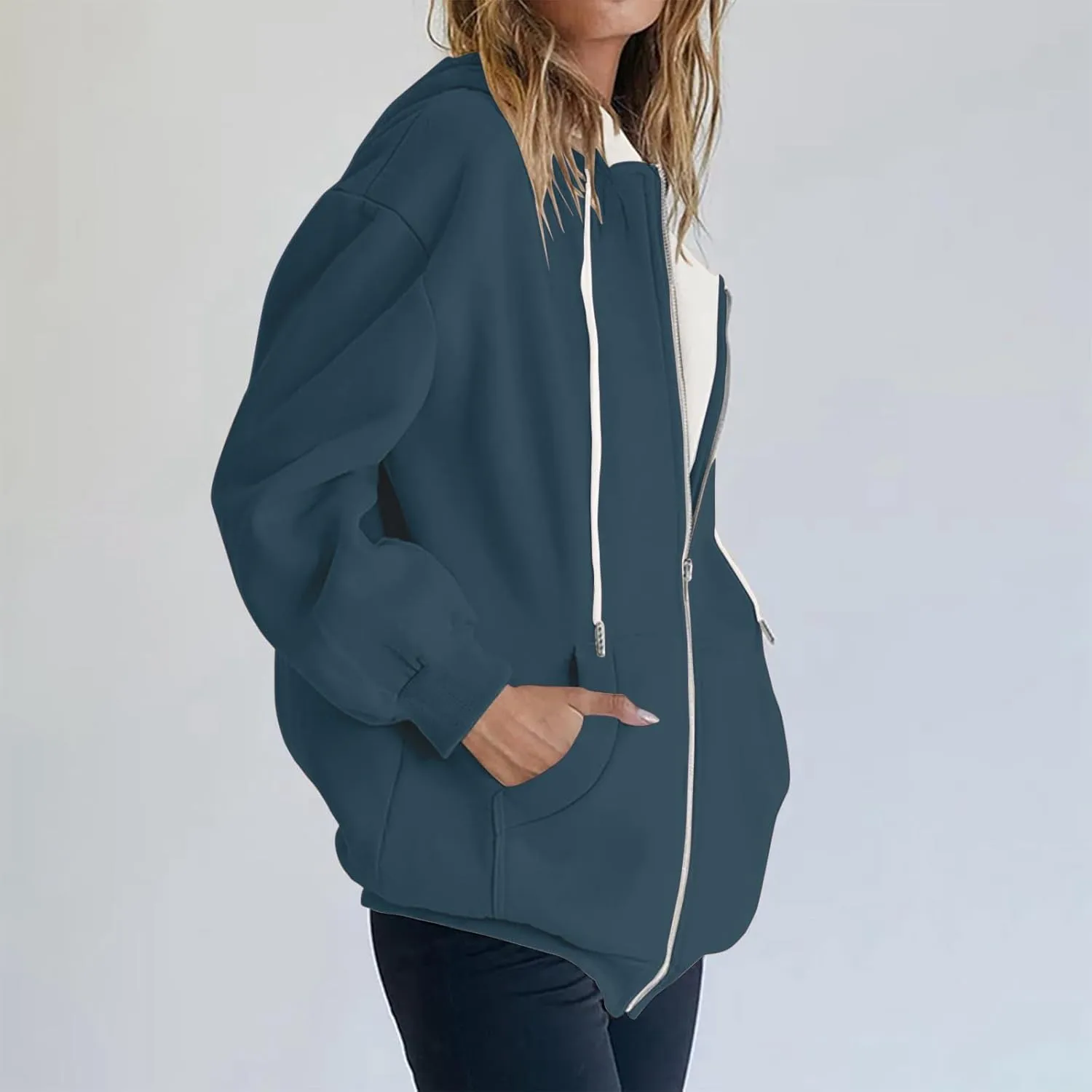 Womens Zip Up Hoodies Long Sleeve Drawstring Sweatshirt Oversized Zipper Hoodies Fleece Jacket with Pockets