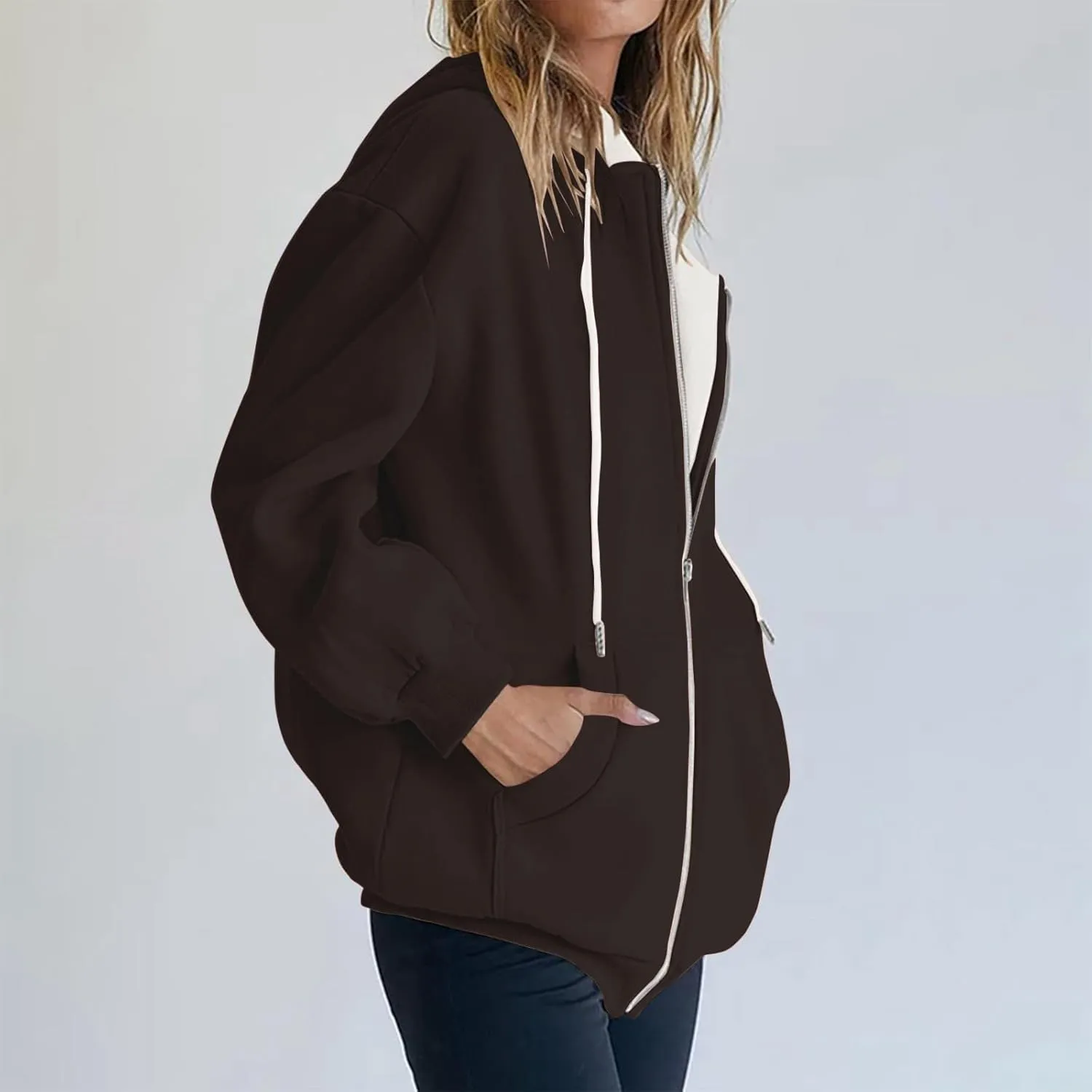 Womens Zip Up Hoodies Long Sleeve Drawstring Sweatshirt Oversized Zipper Hoodies Fleece Jacket with Pockets
