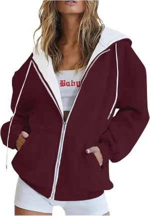 Womens Zip Up Hoodies Long Sleeve Drawstring Sweatshirt Oversized Zipper Hoodies Fleece Jacket with Pockets