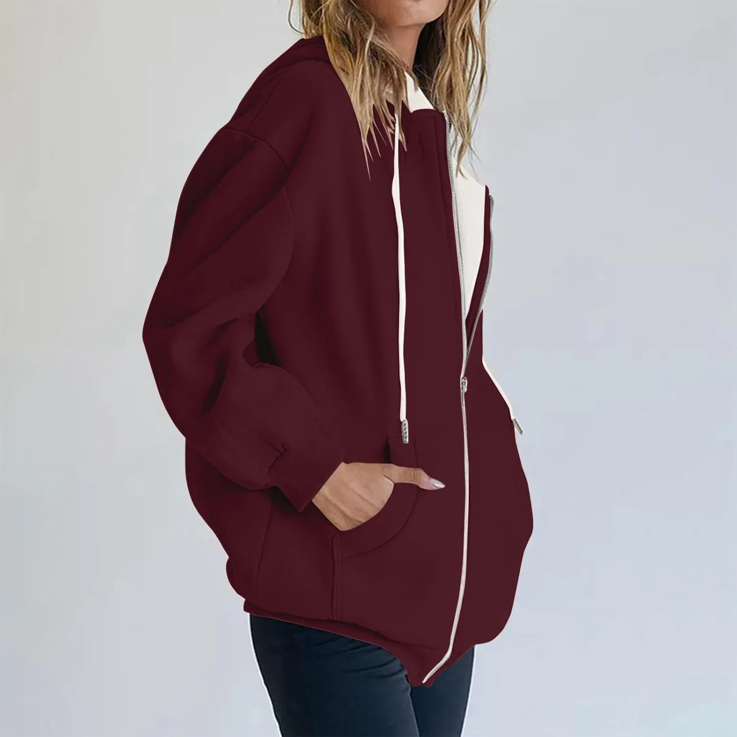 Womens Zip Up Hoodies Long Sleeve Drawstring Sweatshirt Oversized Zipper Hoodies Fleece Jacket with Pockets