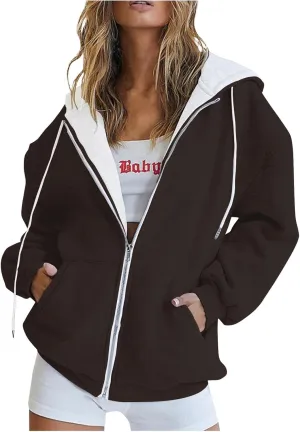Womens Zip Up Hoodies Long Sleeve Drawstring Sweatshirt Oversized Zipper Hoodies Fleece Jacket with Pockets