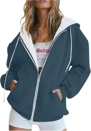 Womens Zip Up Hoodies Long Sleeve Drawstring Sweatshirt Oversized Zipper Hoodies Fleece Jacket with Pockets