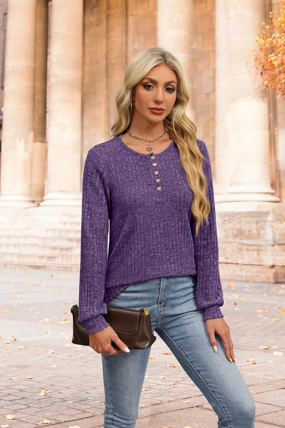 XIEERDUO Sweater for Women Long Sleeve Henley Shirts Tunic Tops to Wear with Leggings crew neck Sweaters Trendy 2024