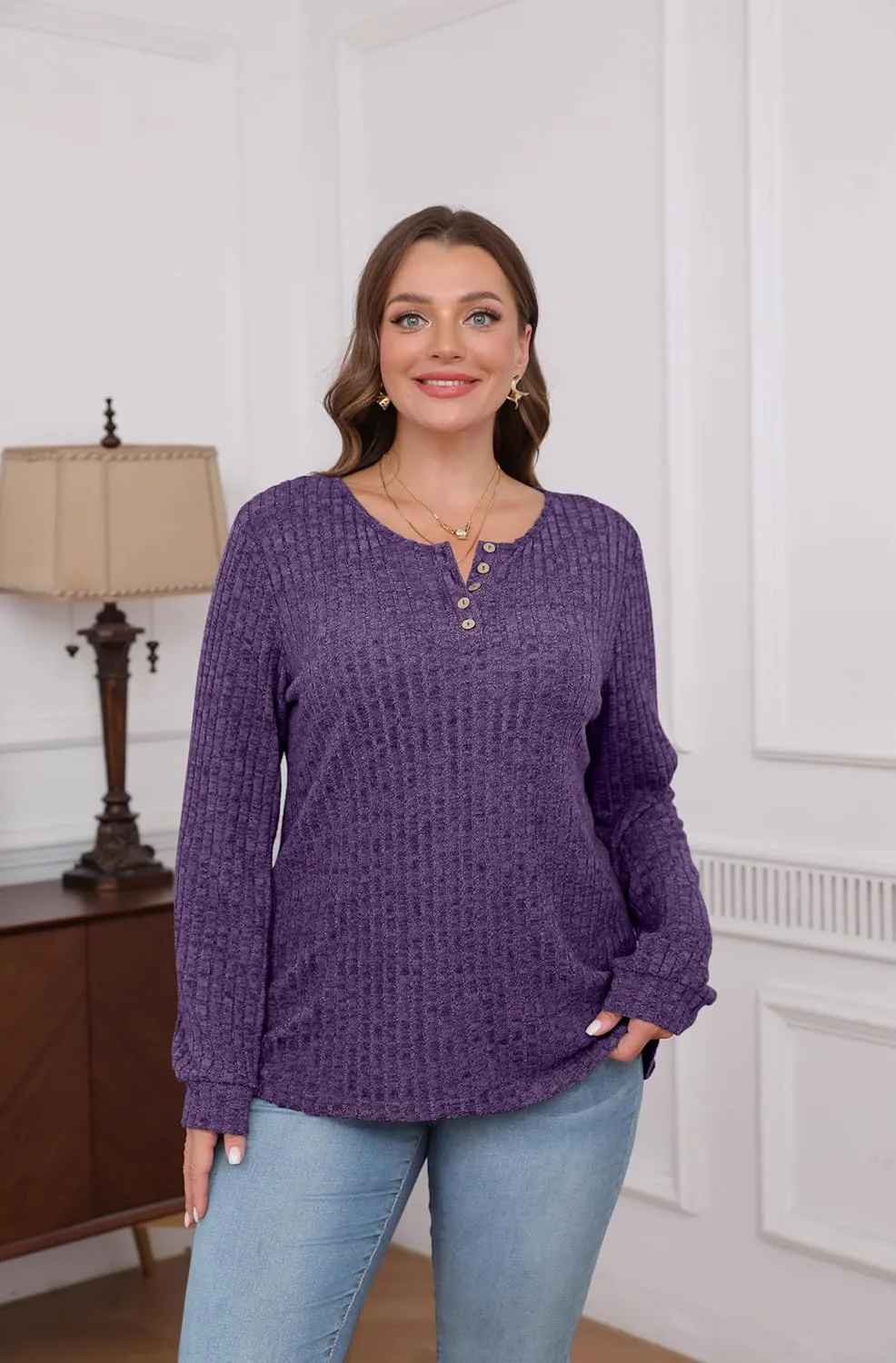 XIEERDUO Sweater for Women Long Sleeve Henley Shirts Tunic Tops to Wear with Leggings crew neck Sweaters Trendy 2024