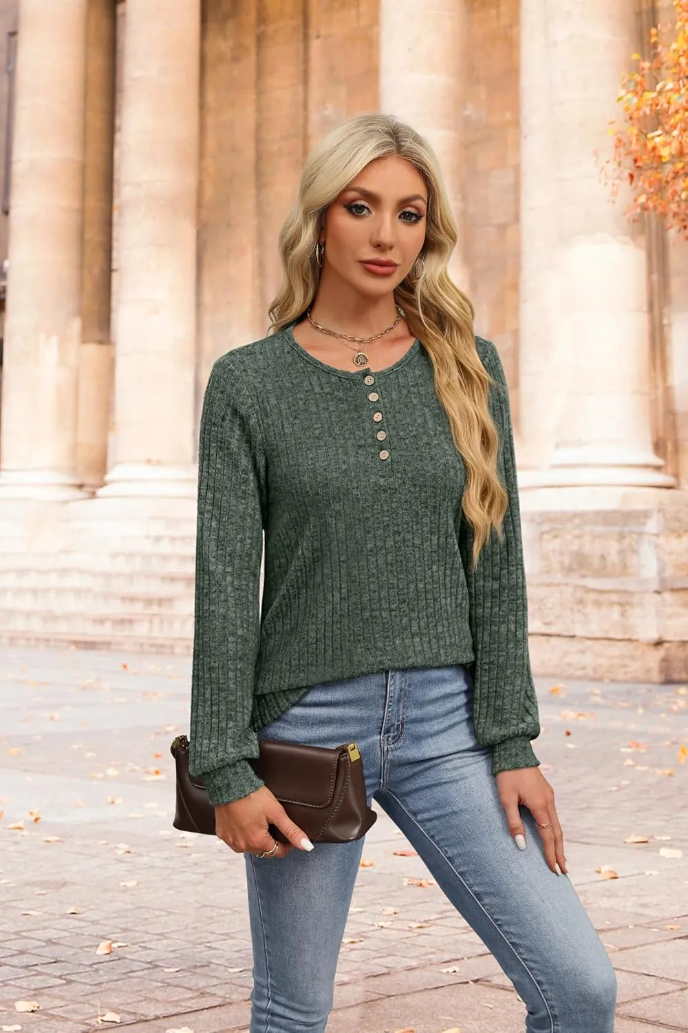 XIEERDUO Sweater for Women Long Sleeve Henley Shirts Tunic Tops to Wear with Leggings crew neck Sweaters Trendy 2024