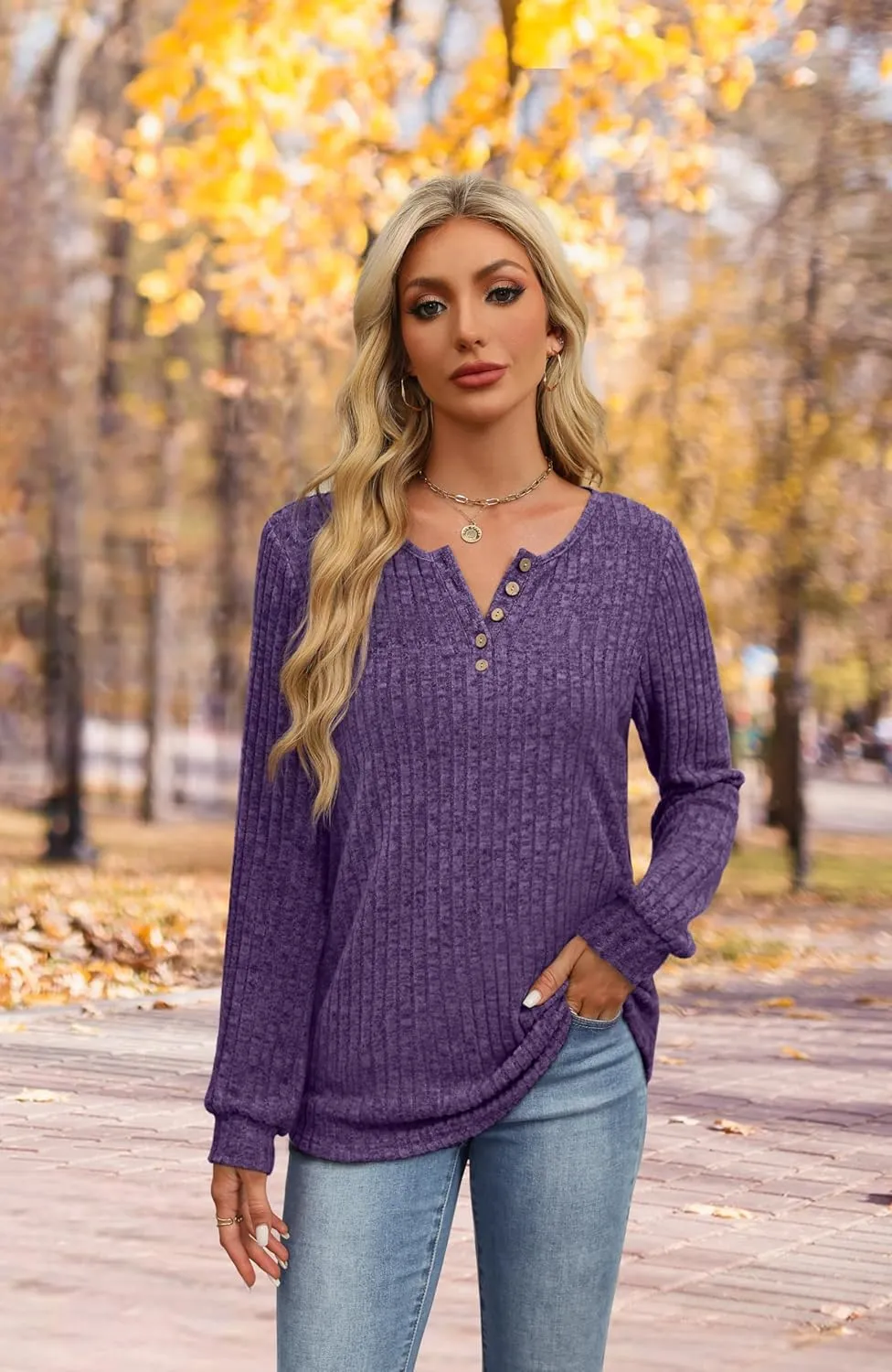 XIEERDUO Sweater for Women Long Sleeve Henley Shirts Tunic Tops to Wear with Leggings crew neck Sweaters Trendy 2024