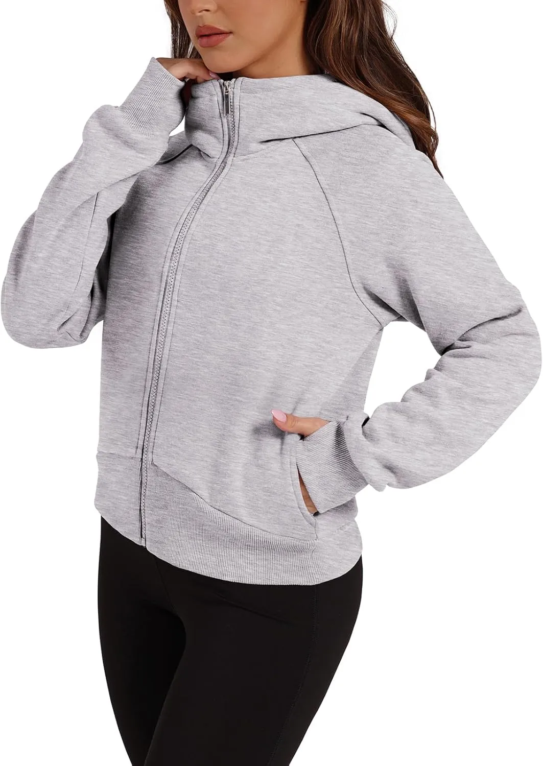 XIEERDUO Womens Zip Up Hoodie Cropped Sweatshirts Thumb Hole Fleece Jackets