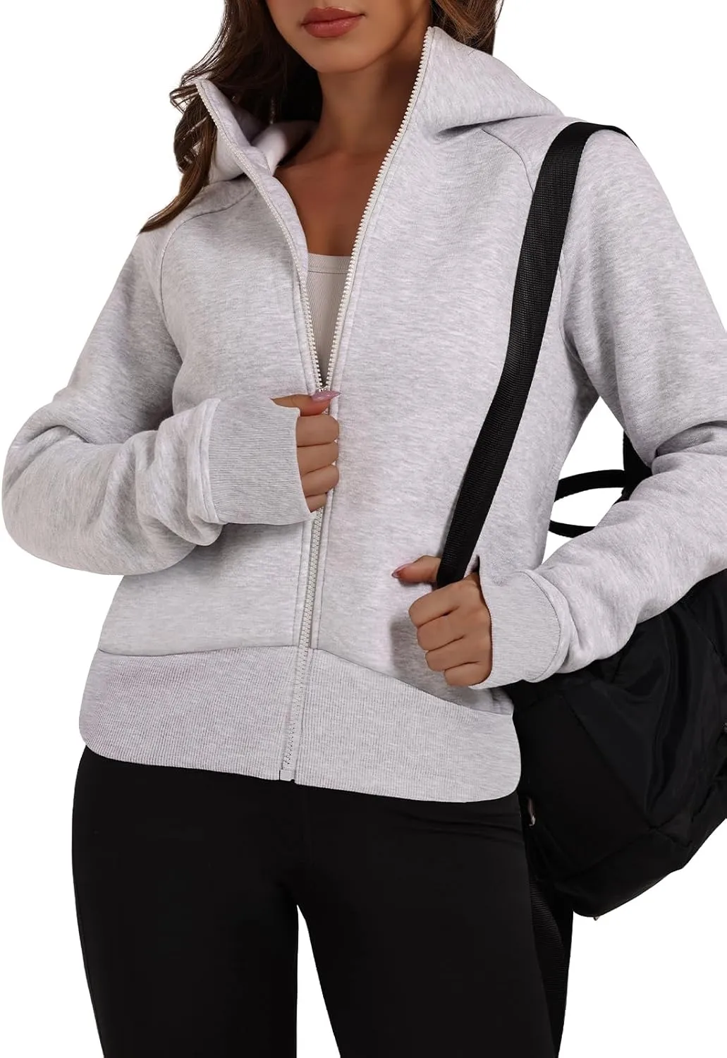 XIEERDUO Womens Zip Up Hoodie Cropped Sweatshirts Thumb Hole Fleece Jackets