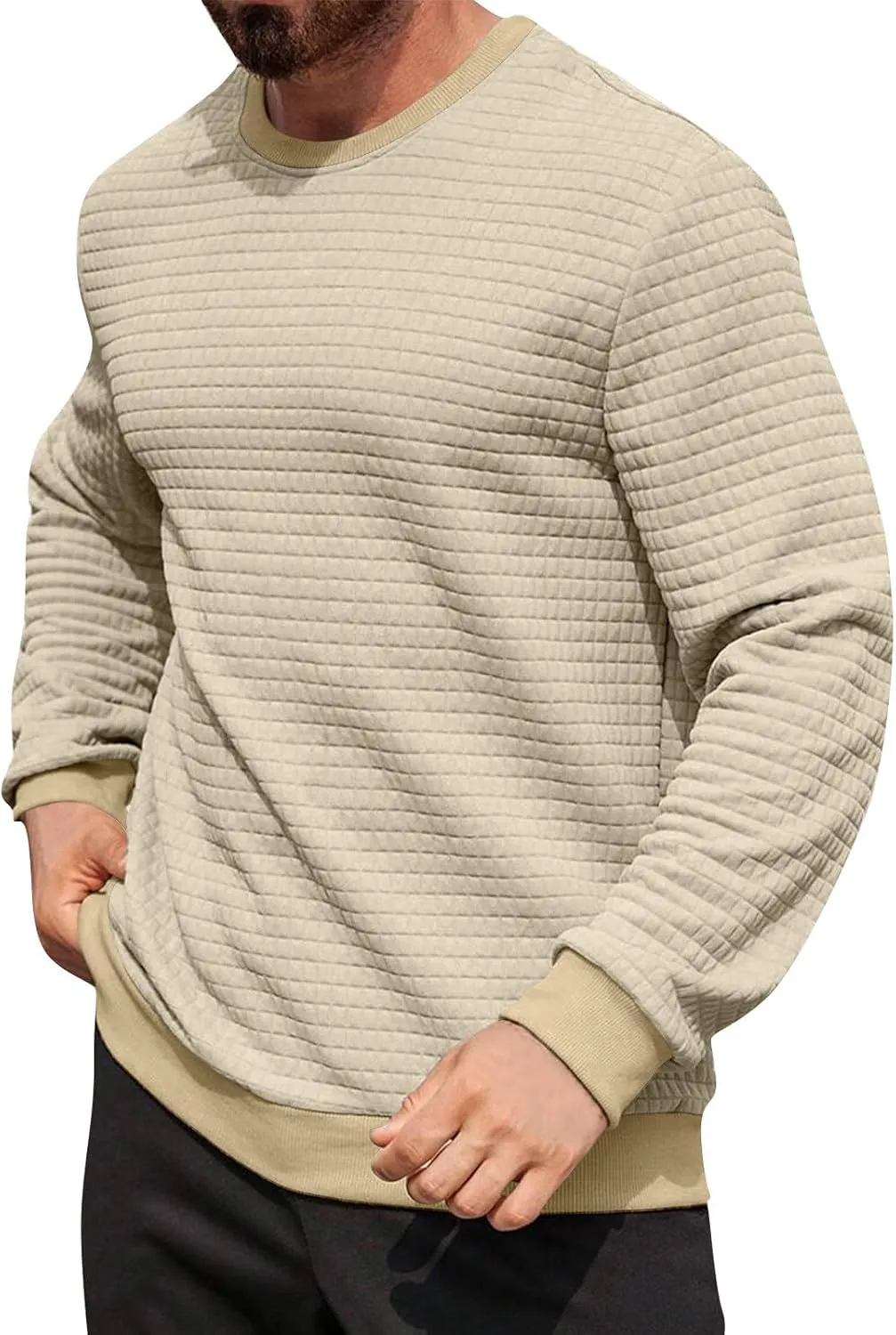 Ymosrh Mens Athletic Sweatshirts Pullover Plaid Jacquard Long Sleeve Solid Color Casual Workout Sweat Shirts