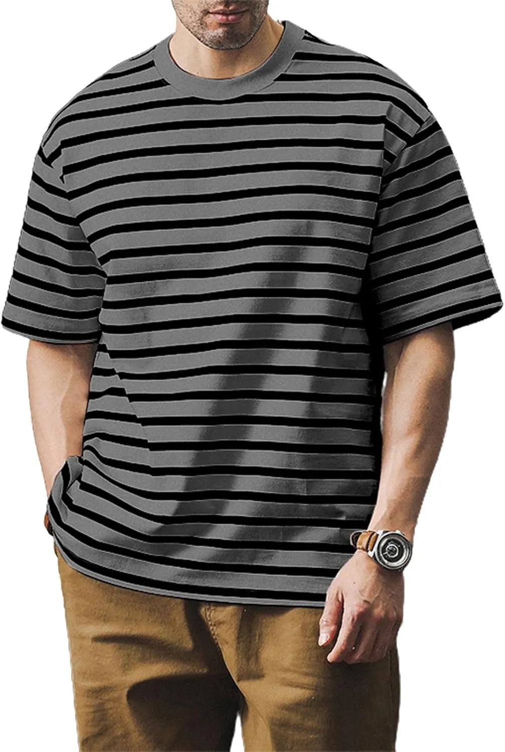 Ymosrh Men's Fashion Tshirts Casual Striped Short Sleeve Crewneck Summer Basic Tee Shirts, S-4XL