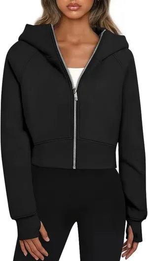 Yuemengxuan Womens Zip Up Hoodies Cropped Hooded Pullover Tops Fleece Sweatshirts Casual Fall Outfits Winter Clothes