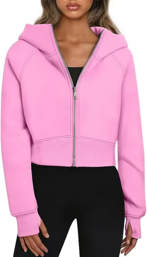 Yuemengxuan Womens Zip Up Hoodies Cropped Hooded Pullover Tops Fleece Sweatshirts Casual Fall Outfits Winter Clothes