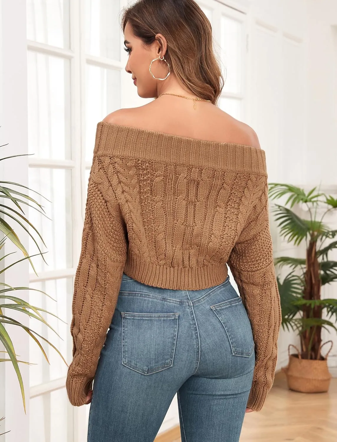 ZAFUL Women V Neck Button Knit Crop Sweaters Batwing Sleeve V Back Ribbed Hem Pullover Sweater