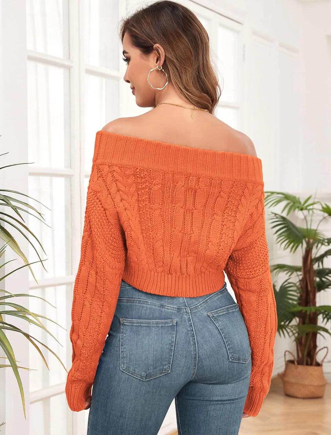 ZAFUL Women V Neck Button Knit Crop Sweaters Batwing Sleeve V Back Ribbed Hem Pullover Sweater