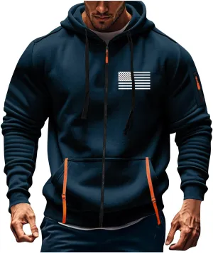 ZEFOTIM Men Zip Up Hoodie American Flag Hoodie Vintage Comfy Sports Long Sleeve Drawstring Sweatshirts with Pocket